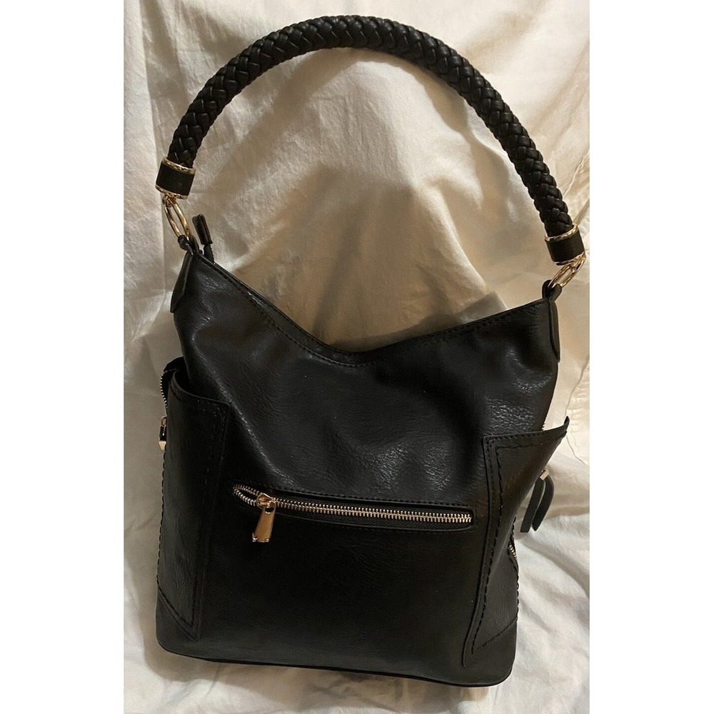 Miztique Black Vegan Leather Hobo Bag Braided Strap Gold Hardware Slouchy Purse